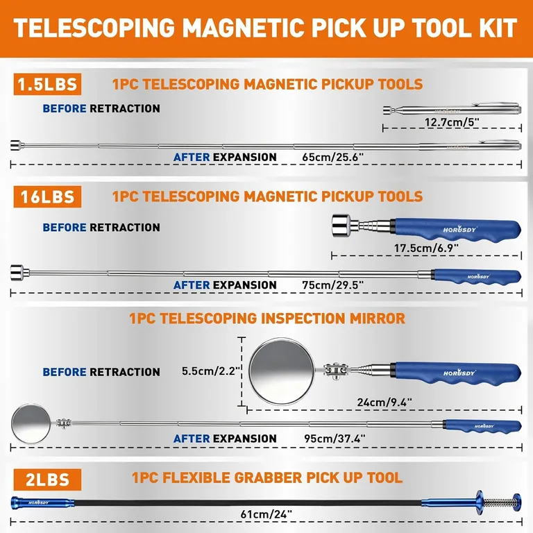 4-Piece Pickup & Inspection Tool Kit — extend only as far as needed