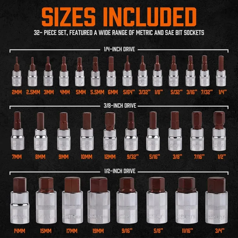 32-Piece SAE & Metric Hex Bit Socket Set — match both ends of the tool